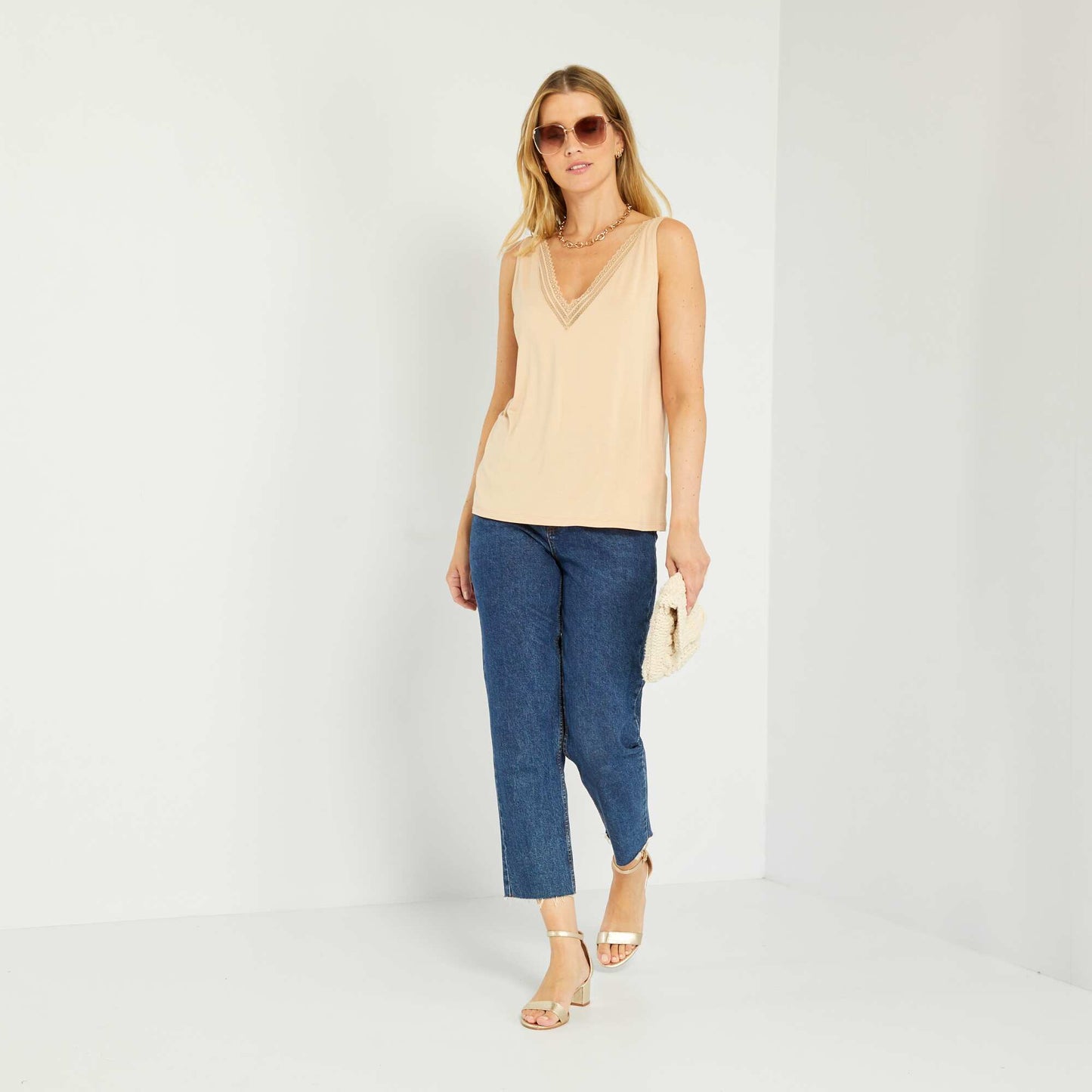 Stretch vest top with lace KHAKI BEIGE
