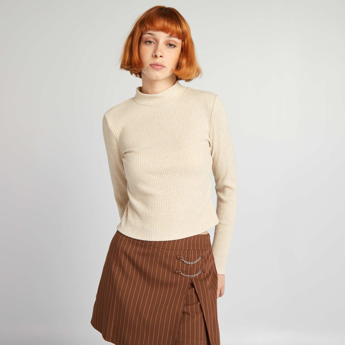 Cropped ribbed polo neck sweater L_BEIGE