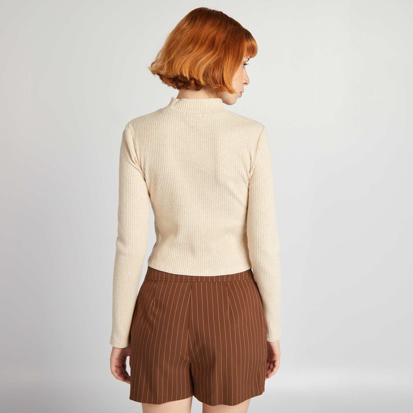 Cropped ribbed polo neck sweater L_BEIGE