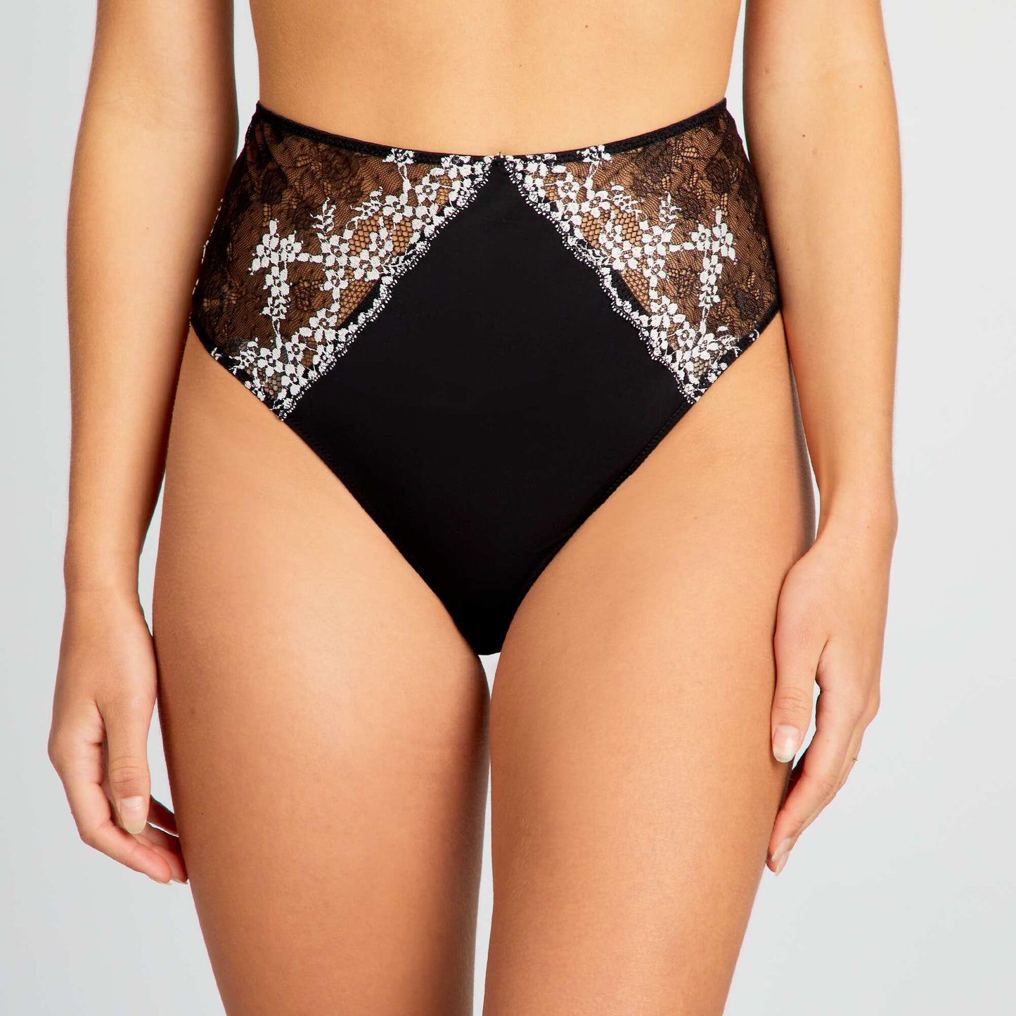 High-waisted lace tanga briefs black