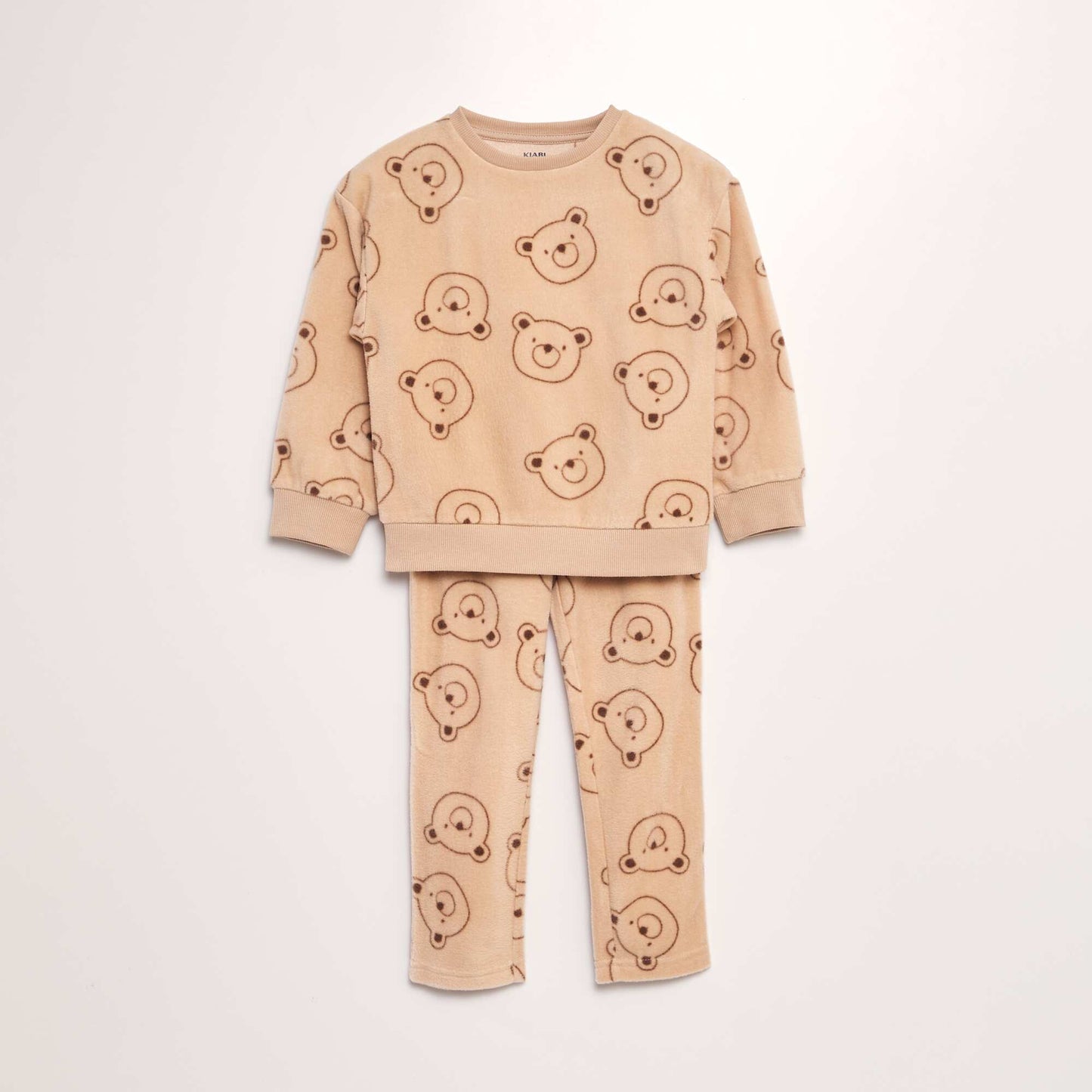 Fleece pyjama set with printed T-shirt + bottoms - 2-piece set BROWN