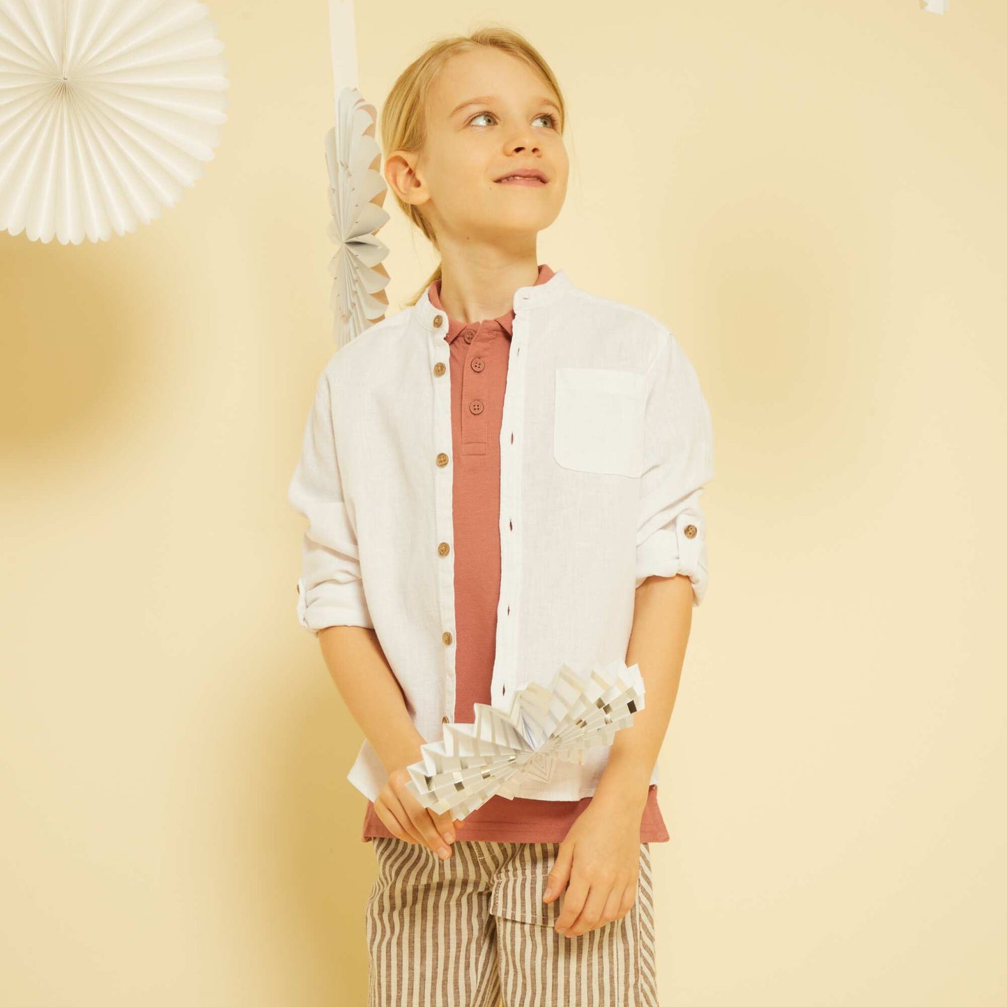 Linen shirt with mandarin collar White