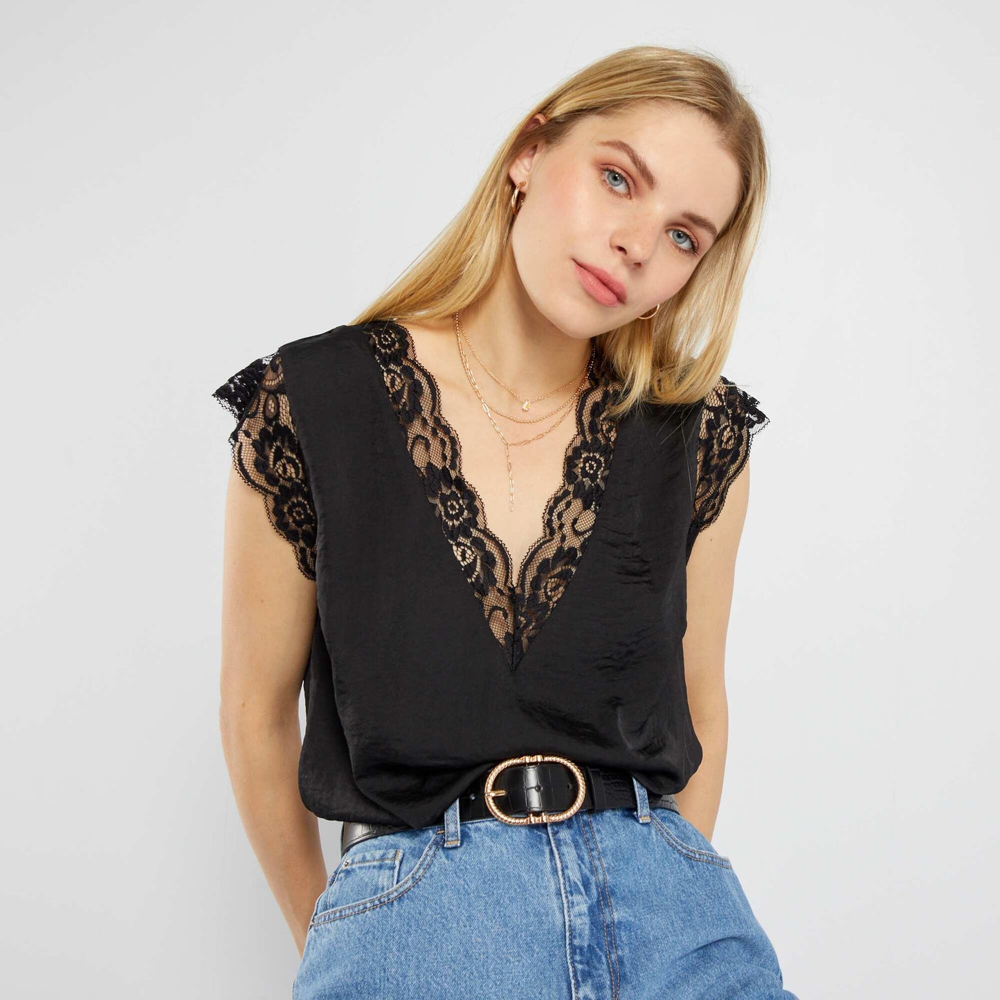 Satin blouse with lace Black