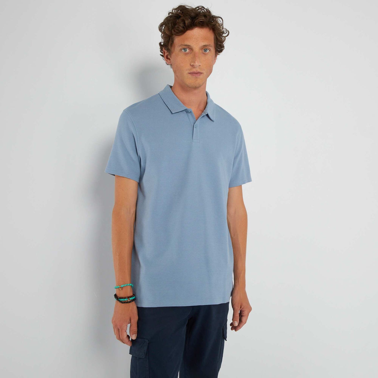 Plain jacquard polo shirt denim blue