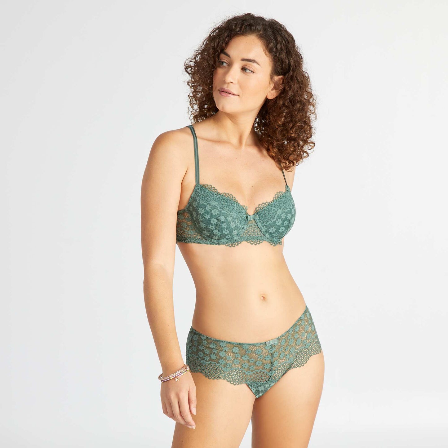 Floral openwork lace tanga briefs grey green