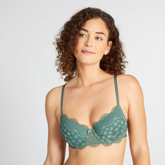 Lace bra with criss-cross back grey green