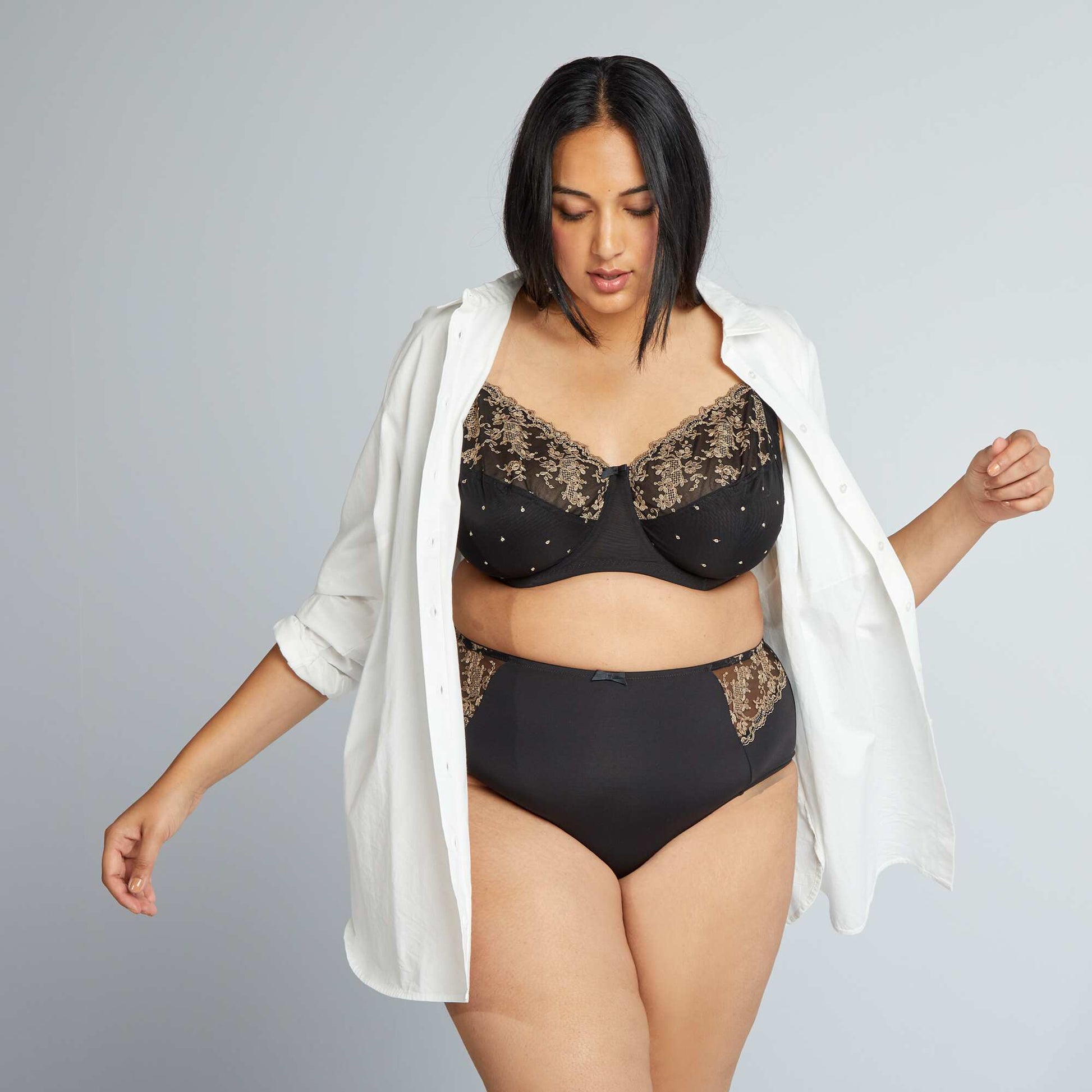 Two-tone floral lace bra black