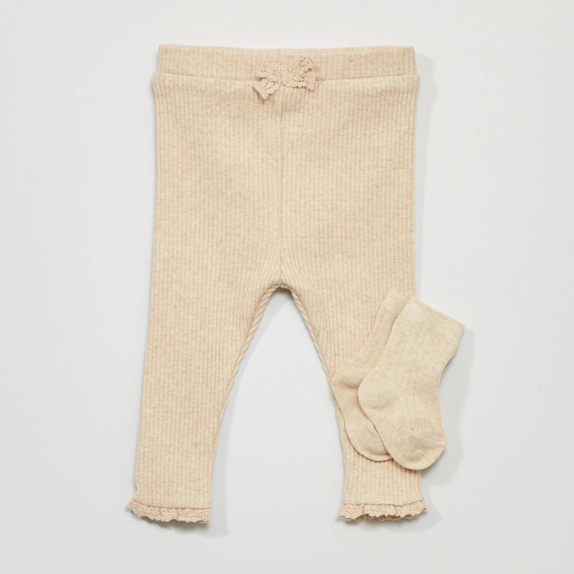 Ribbed knit leggings + socks - Two-piece set L_BEIGE