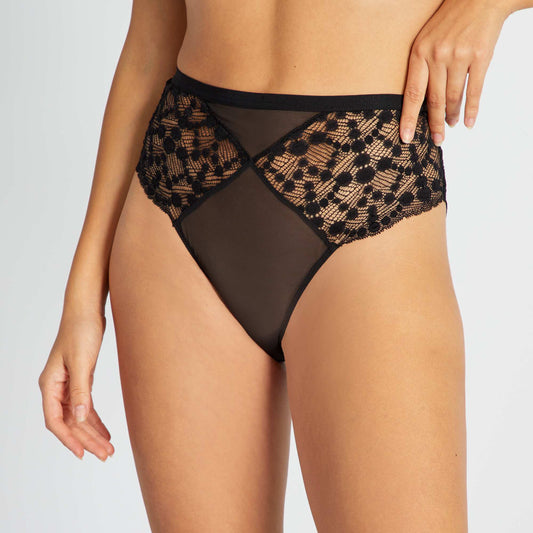 Lace and tulle tanga briefs black