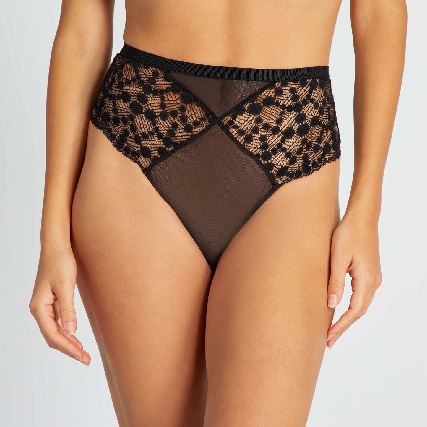 Lace and tulle tanga briefs black