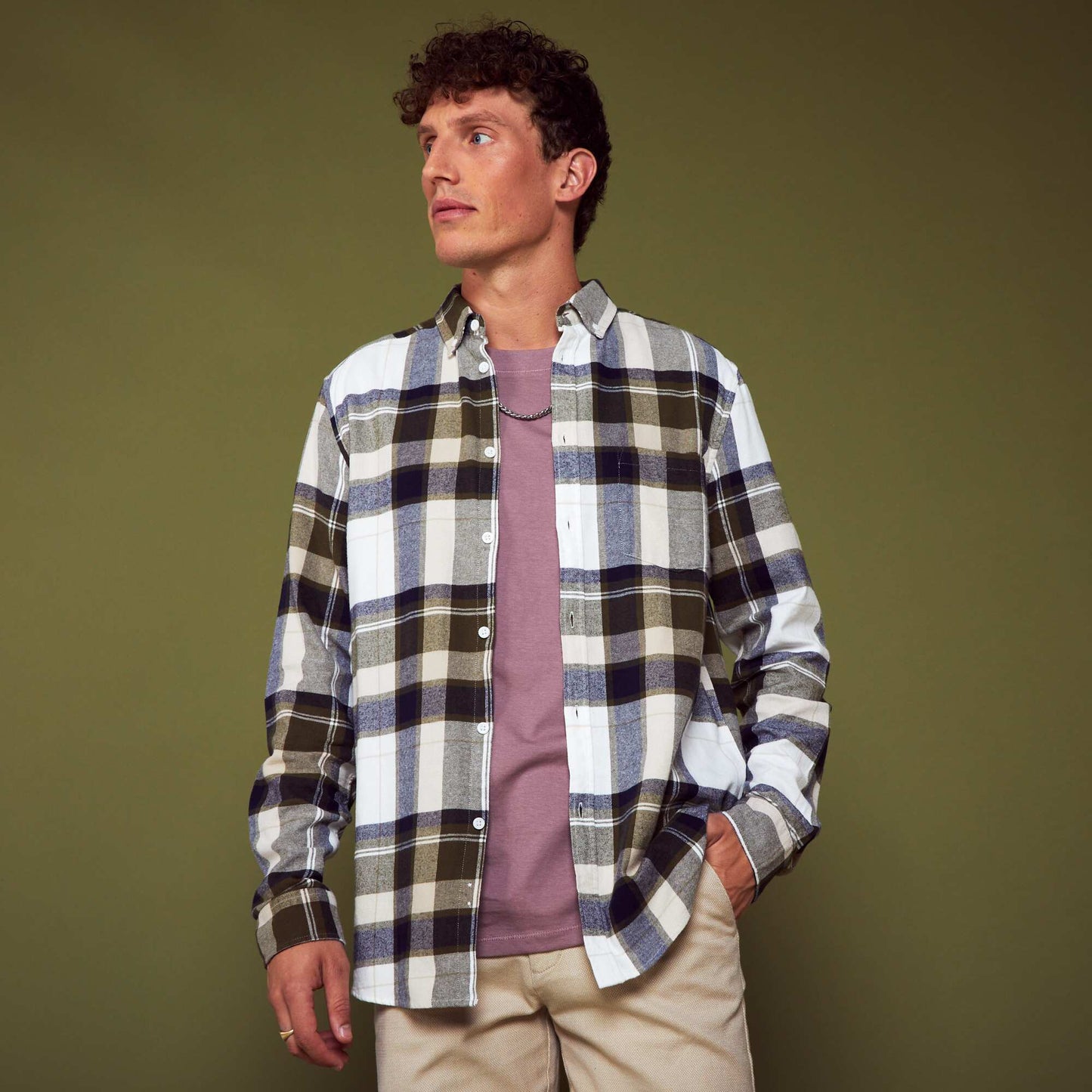 Straight flannel shirt White/green/bleu