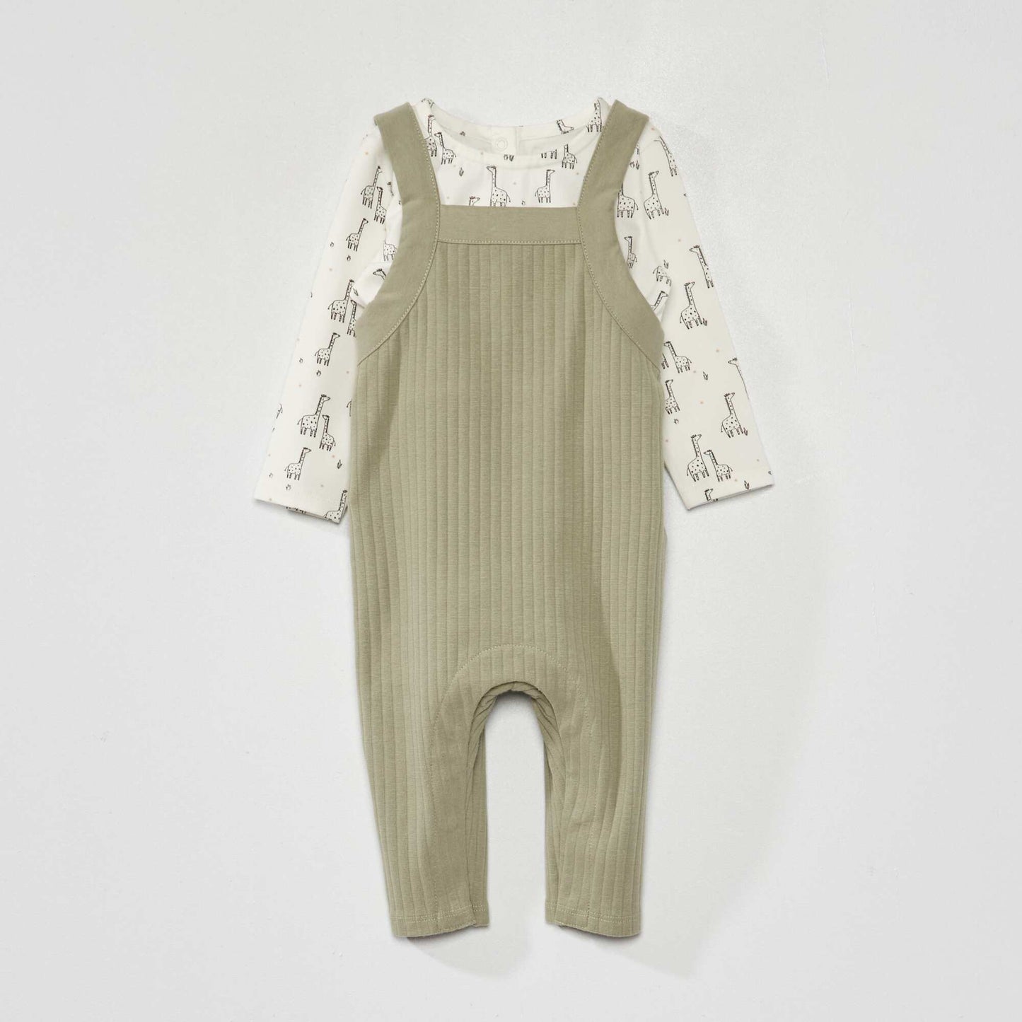 Ribbed dungarees + long-sleeved body set WHITE