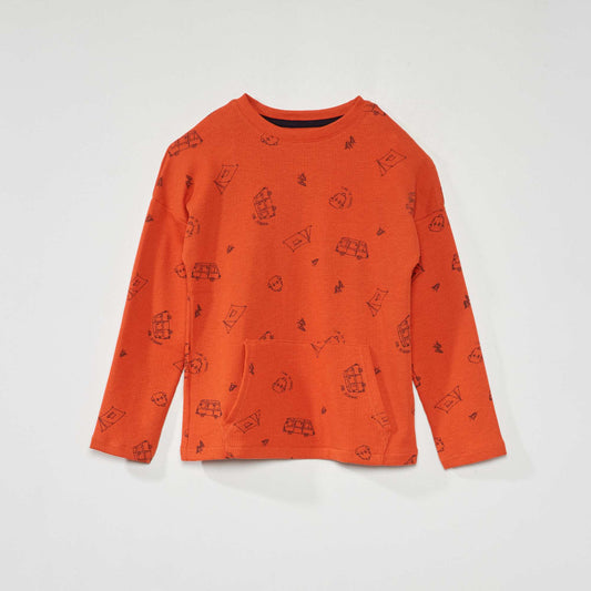 Printed waffle knit fabric T-shirt BURNT_AOP