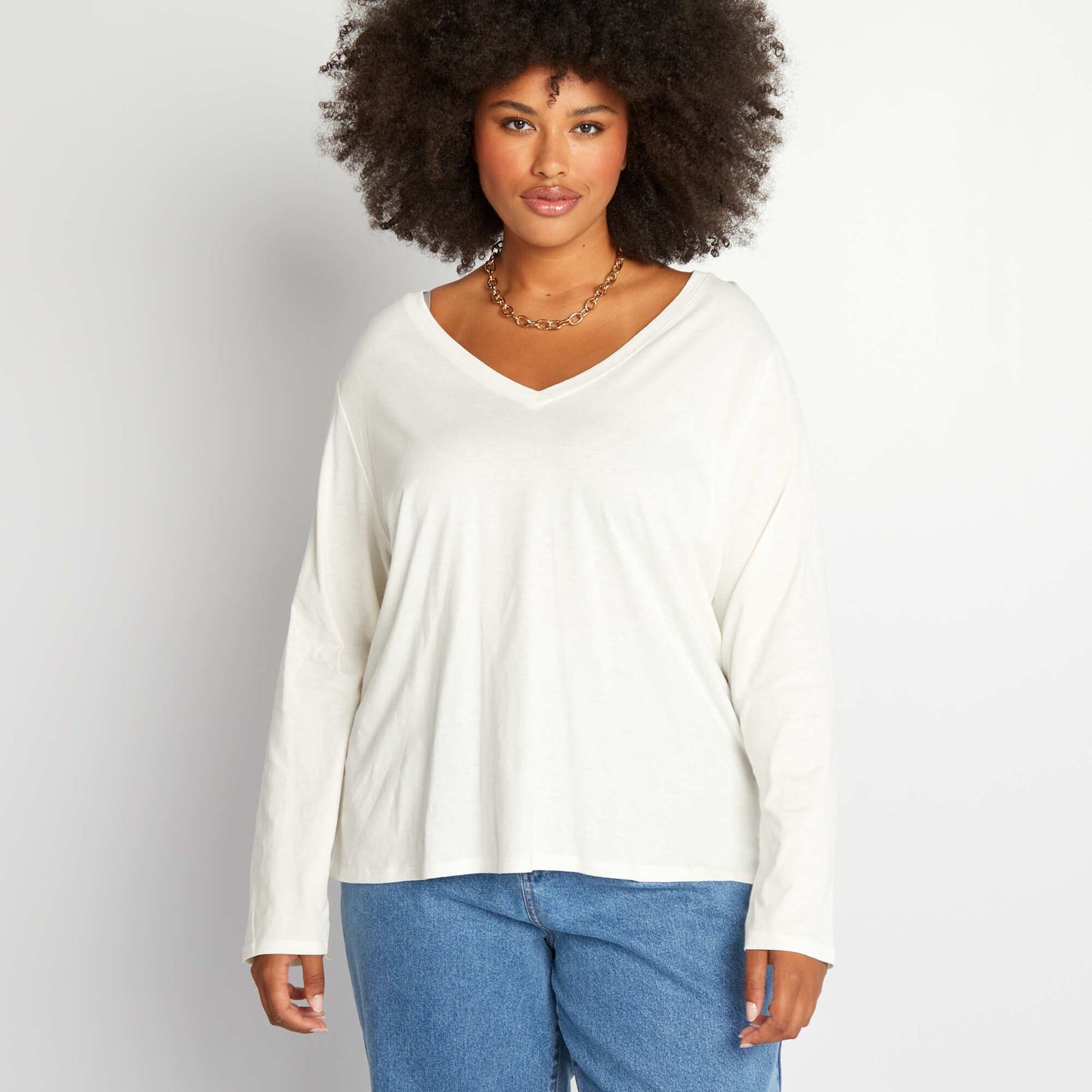 Basic long-sleeved V-neck T-shirt White