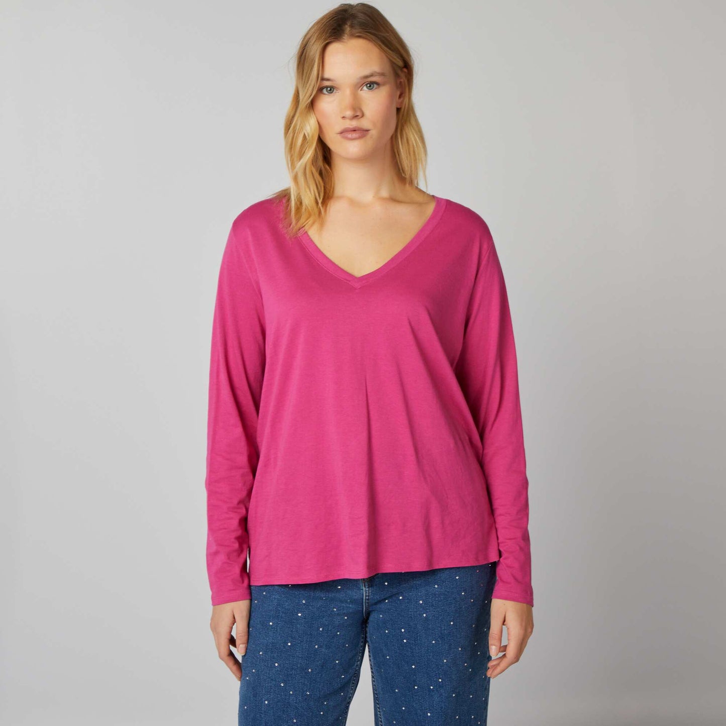 Basic long-sleeved V-neck T-shirt dark pink