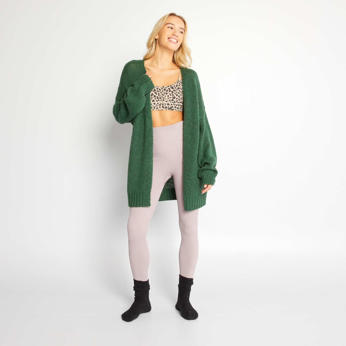 Mid-length knitted cardigan Green