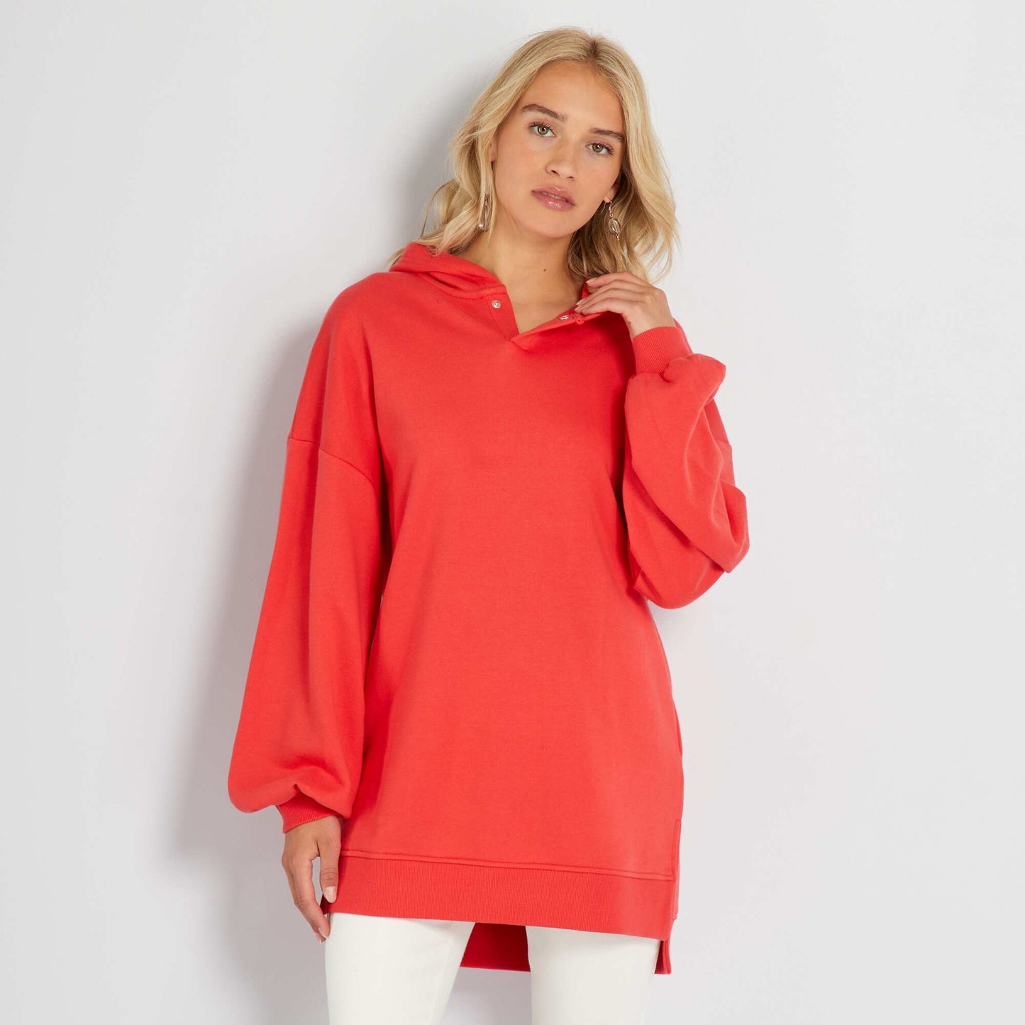 Long sweatshirt with hood RED