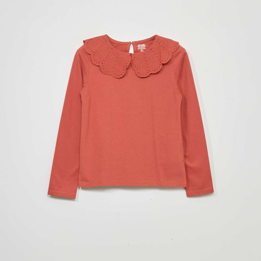 Long-sleeved T-shirt with broderie anglaise RED