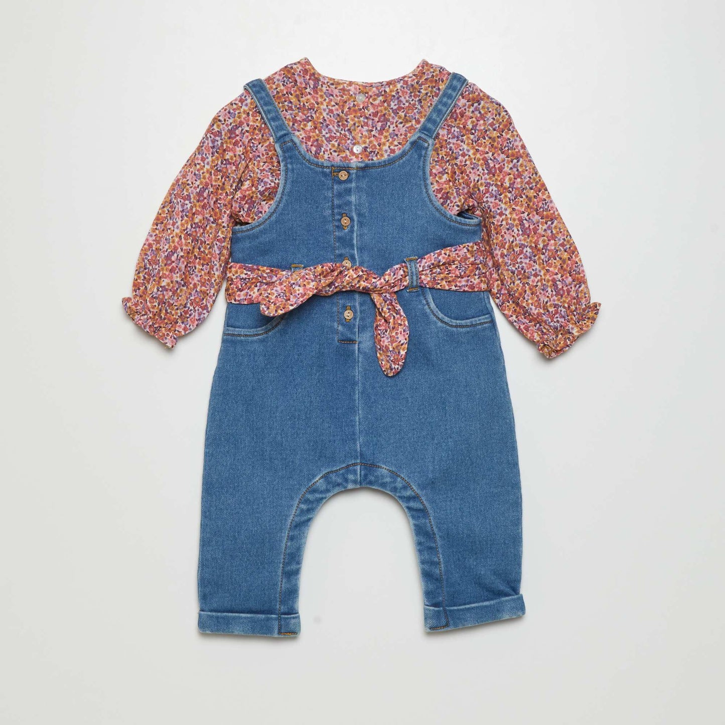 Denim dungarees + blouse - 2-piece set BROWN FLOW