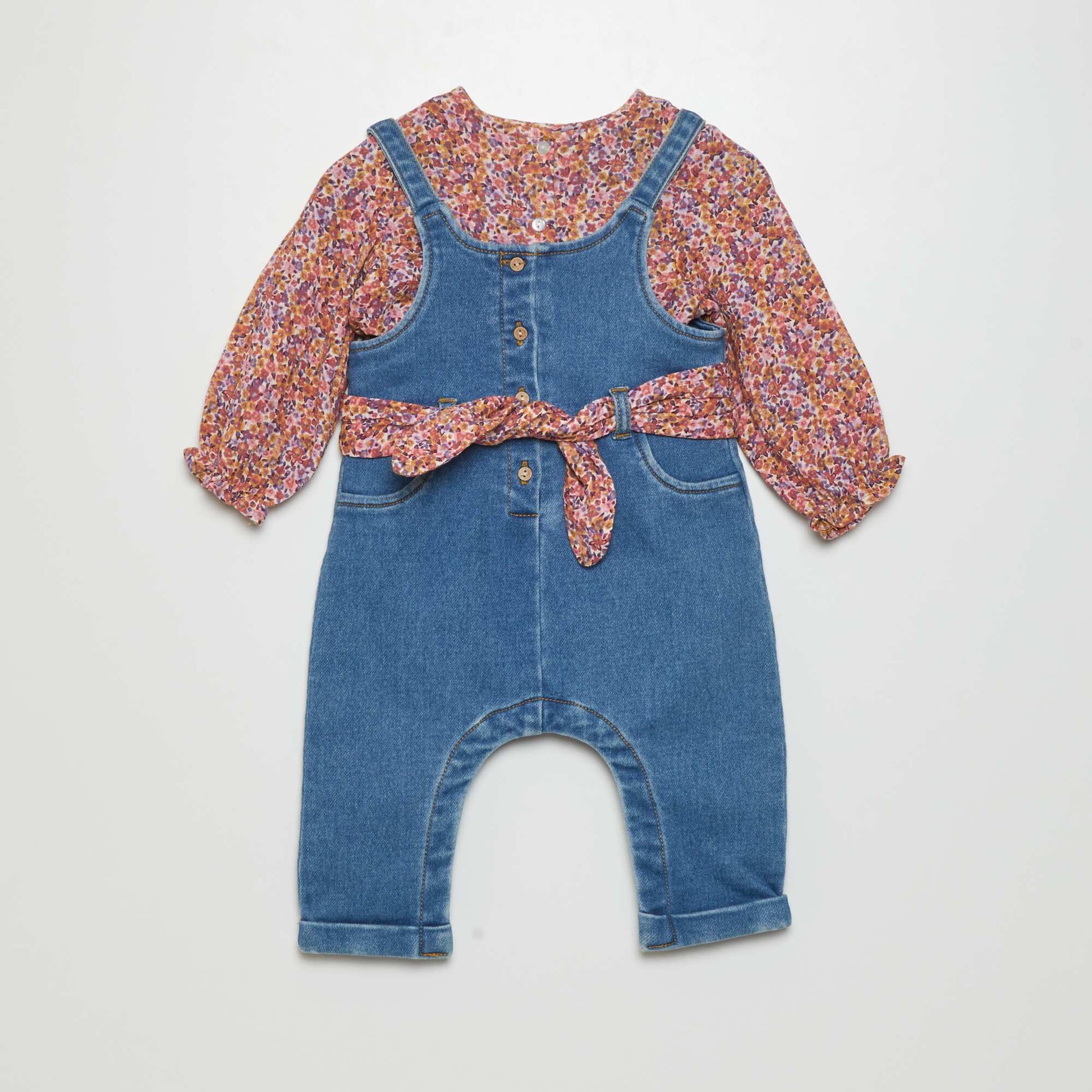 Denim dungarees + blouse - 2-piece set BROWN FLOW