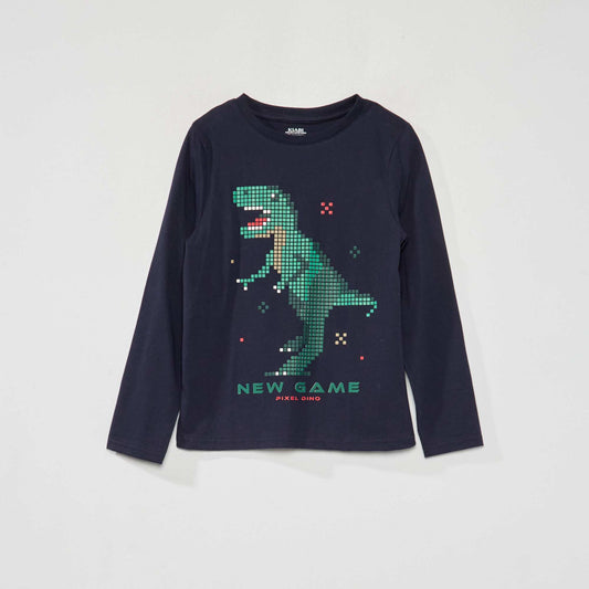 Long-sleeved pixelated dinosaur T-shirt DARK_PIXEL