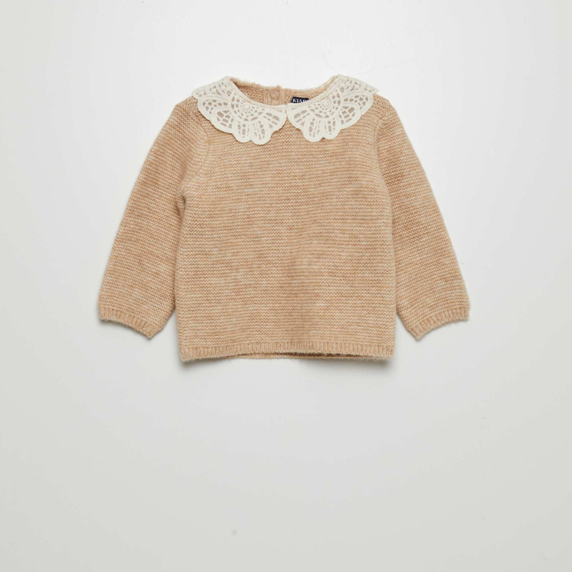 Garter stitch sweater with fancy collar BEIGE