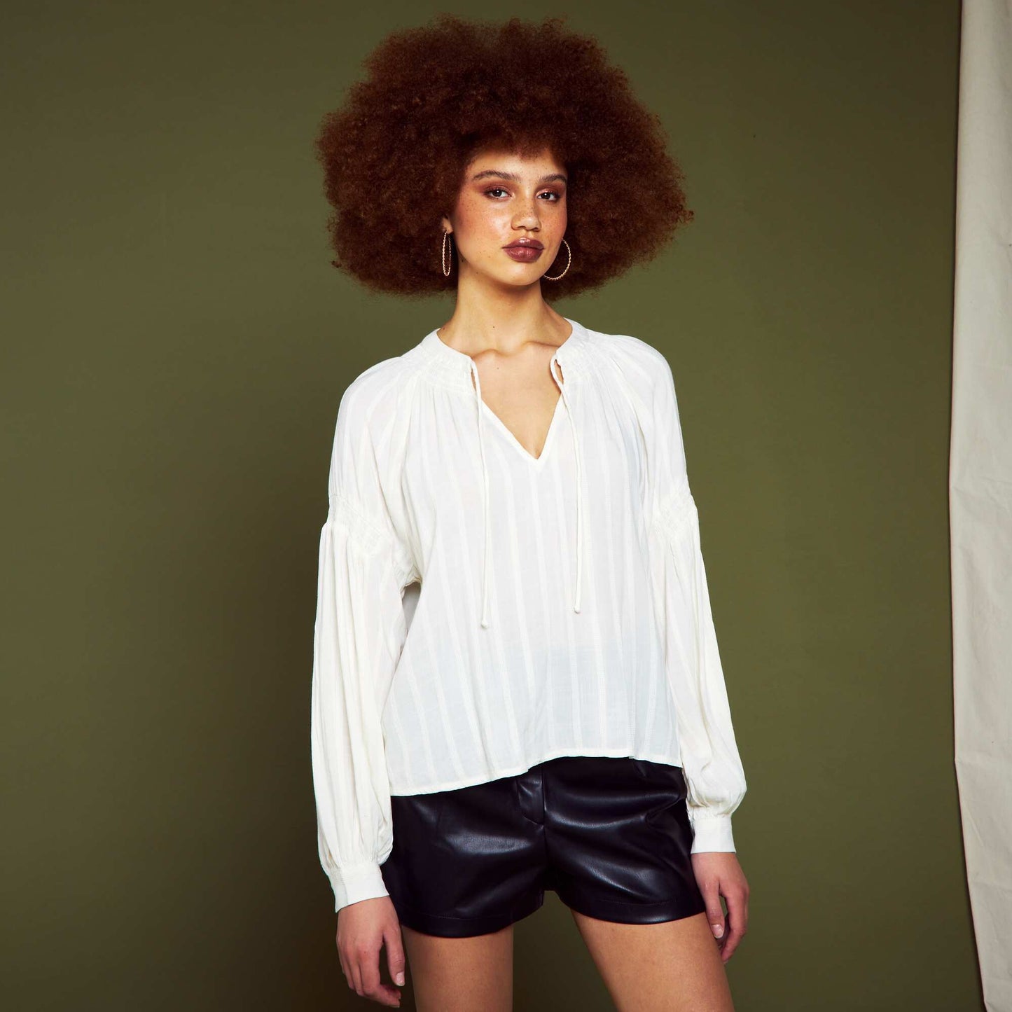 Puff-sleeved textured fabric blouse ECRU ACE