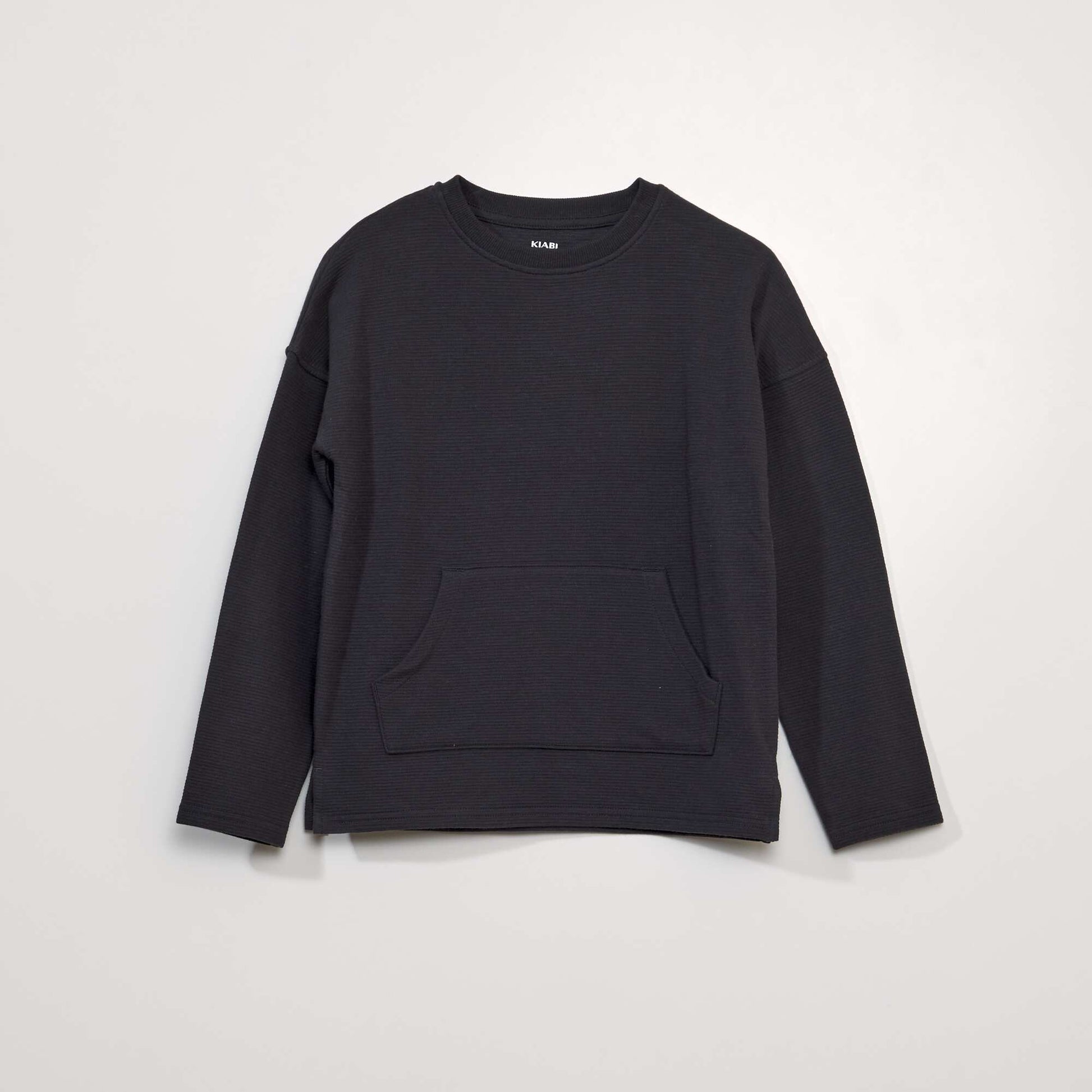 Textured knit fabric T-shirt with kangaroo pocket BLACK