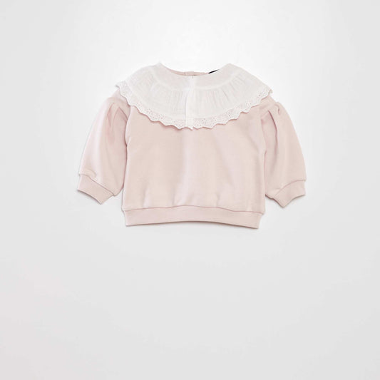 Roomy sweater with cotton gauze collar + embroidery MAUVE_CHAL