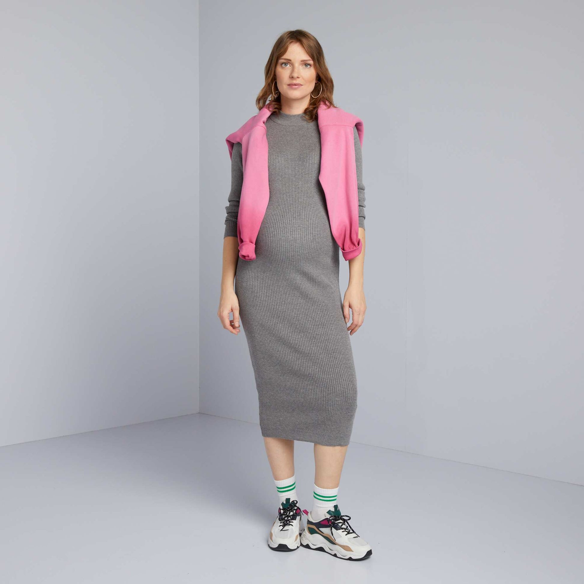 High-neck maternity midi dress M_GREY