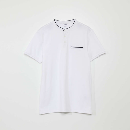 Cotton piqué polo shirt with mandarin collar white