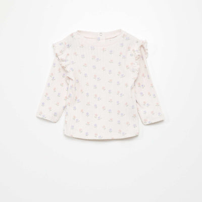 Ruffled ribbed long-sleeved T-shirt PINK