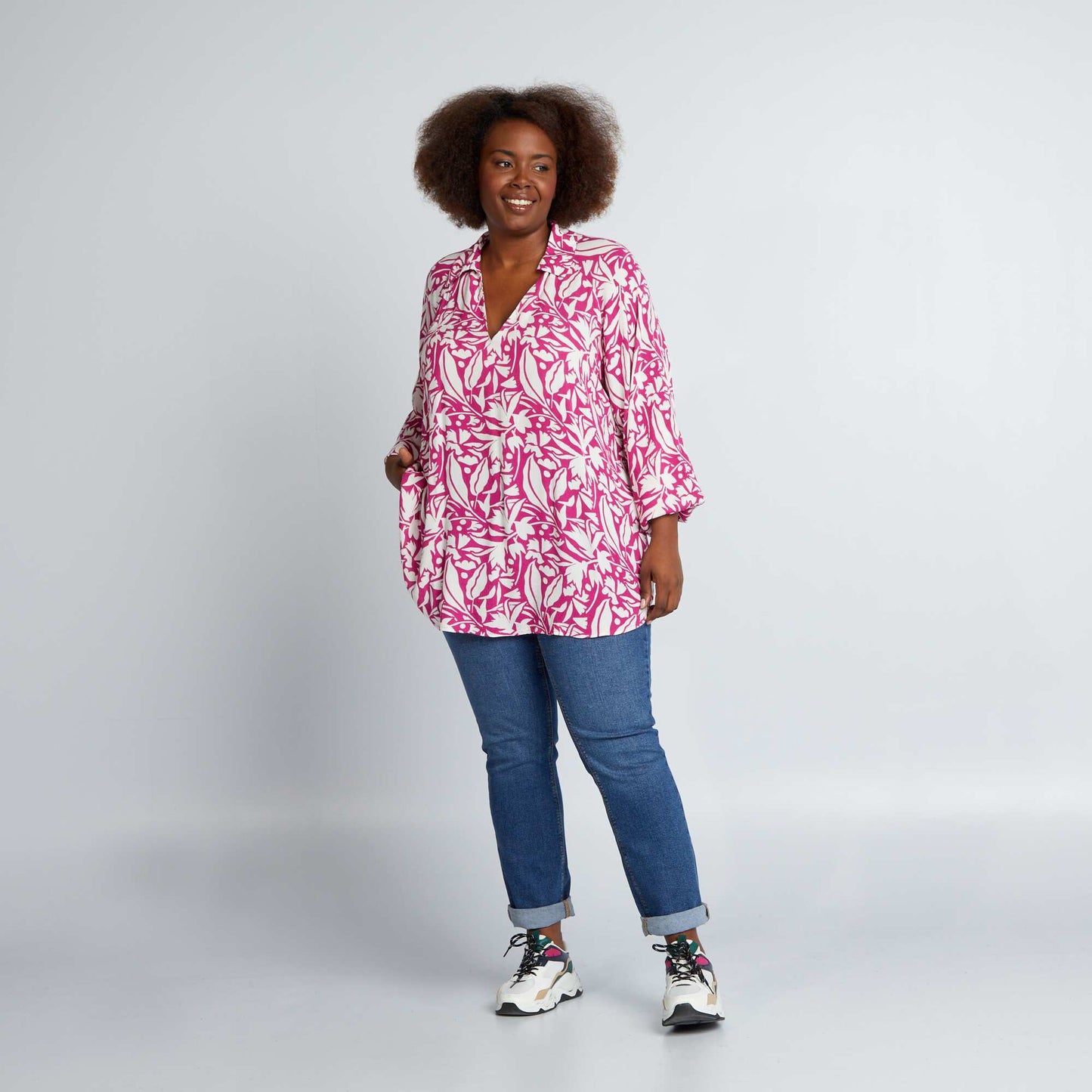 Flowing printed blouse with puff sleeves PINK