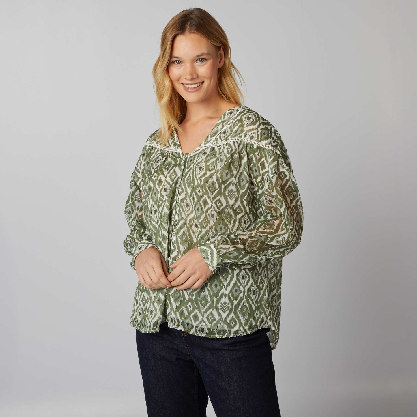 V-neck dotted Swiss fabric blouse KHAKI