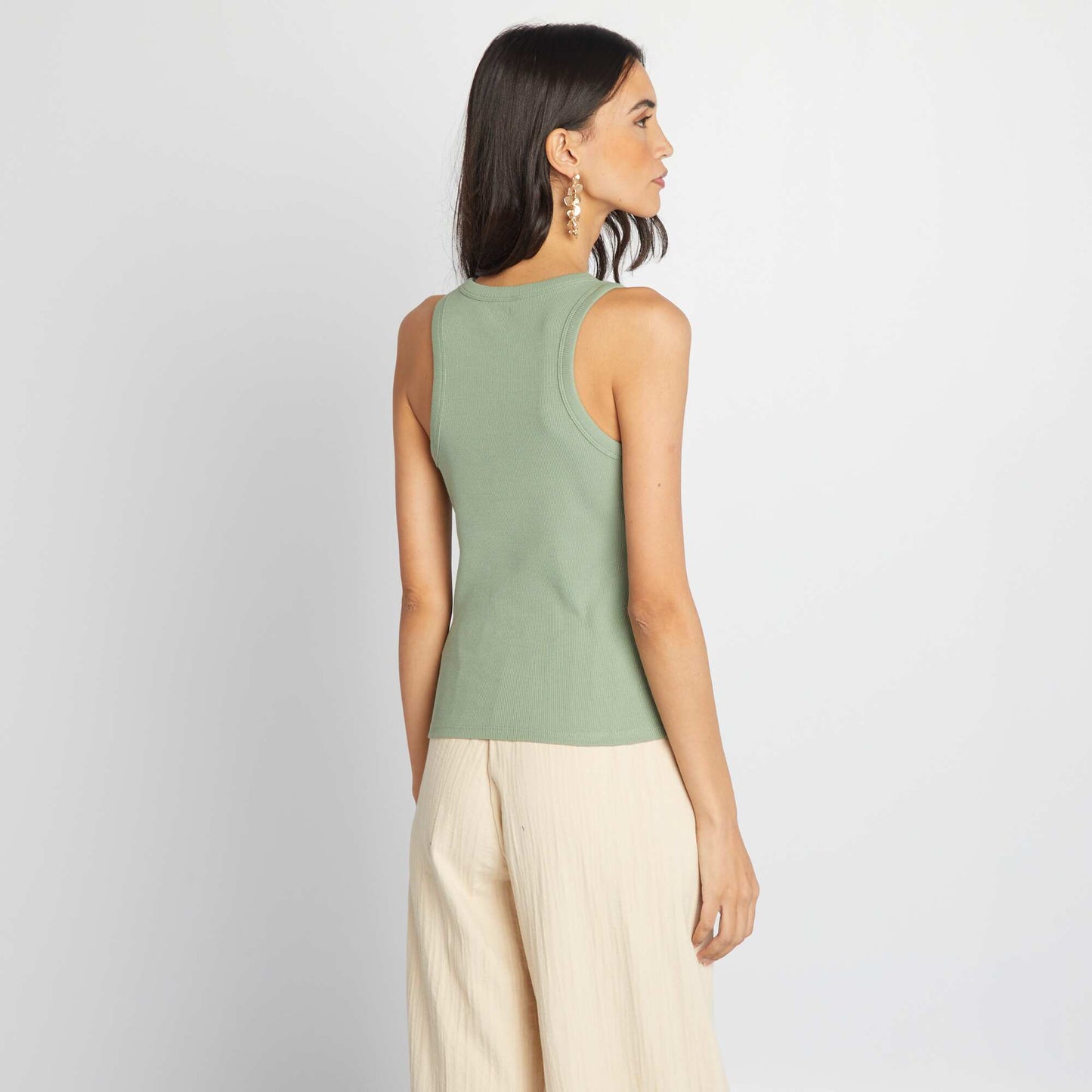 Ribbed vest top with cutaway arms GREEN