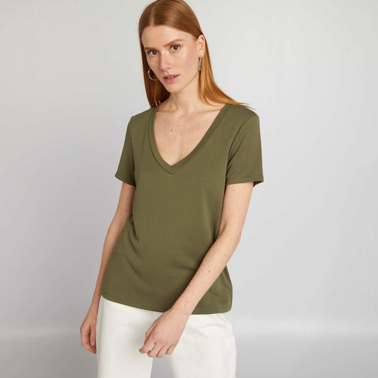 Stretch V-neck T-shirt KHAKI