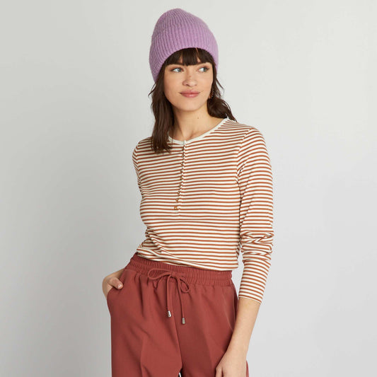 Striped T-shirt with buttoned neck WHITE