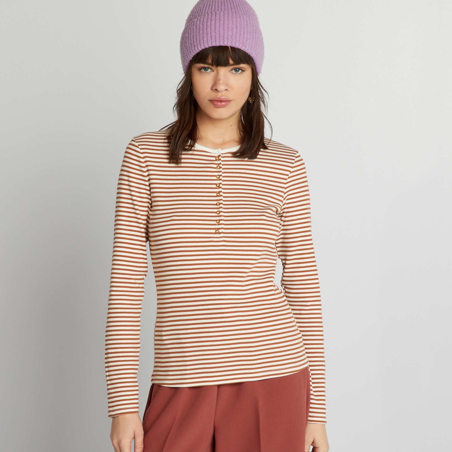 Striped T-shirt with buttoned neck WHITE