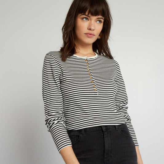 Striped T-shirt with buttoned neck WHITE