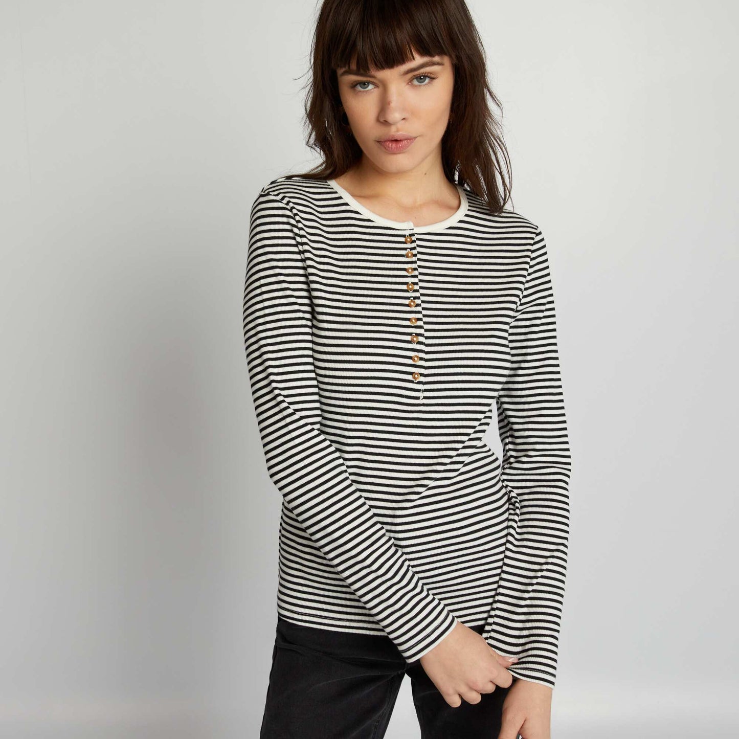 Striped T-shirt with buttoned neck WHITE