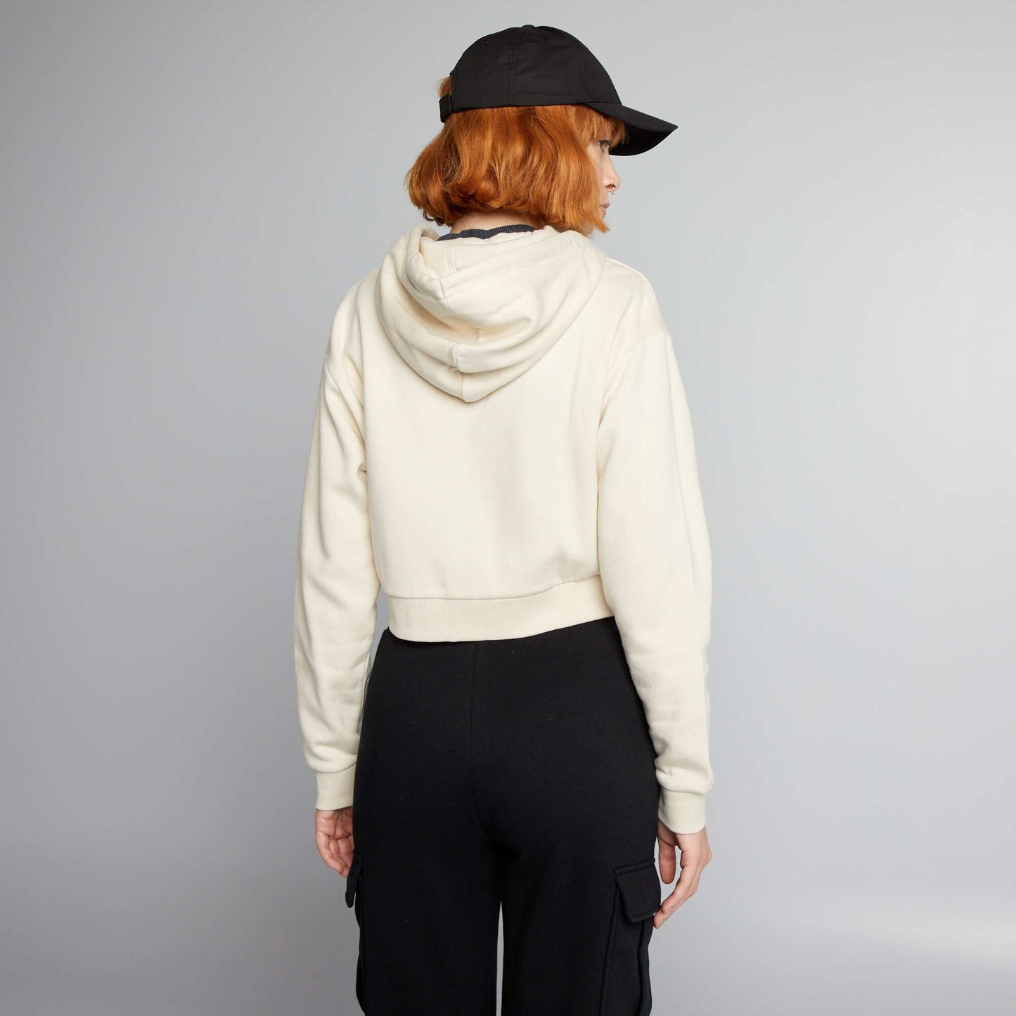 Zip-up cropped sweatshirt with hood BLACK