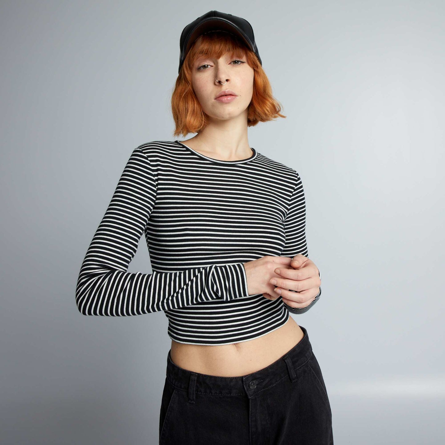 Striped ribbed crop top BLACK