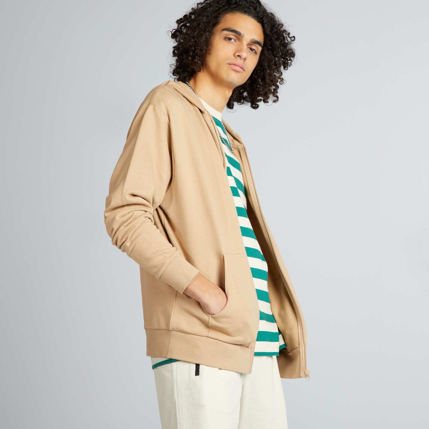 Plain zip-up hoodie BEIGE