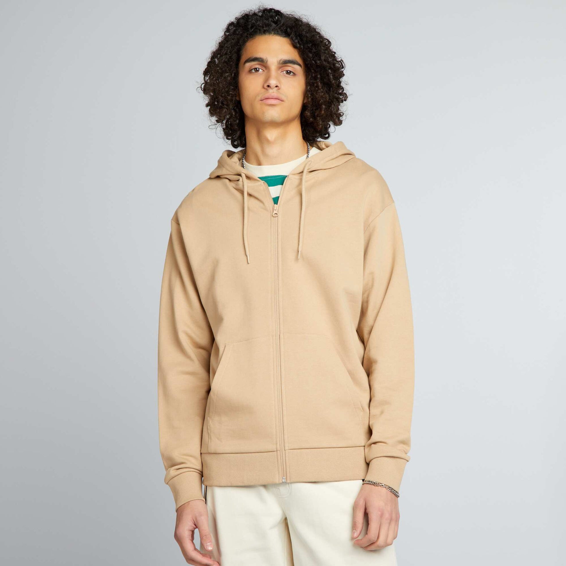 Plain zip-up hoodie BEIGE
