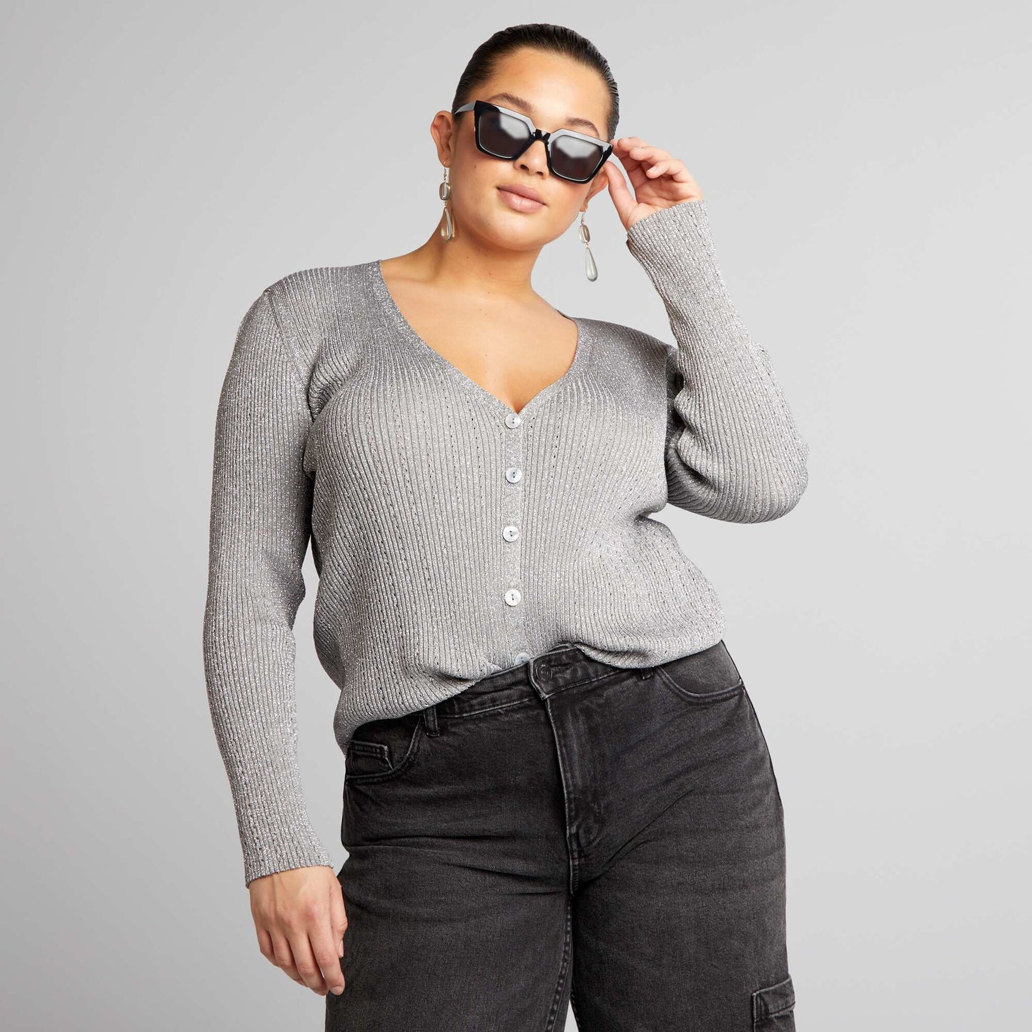 Fine shiny knit cardigan GREY