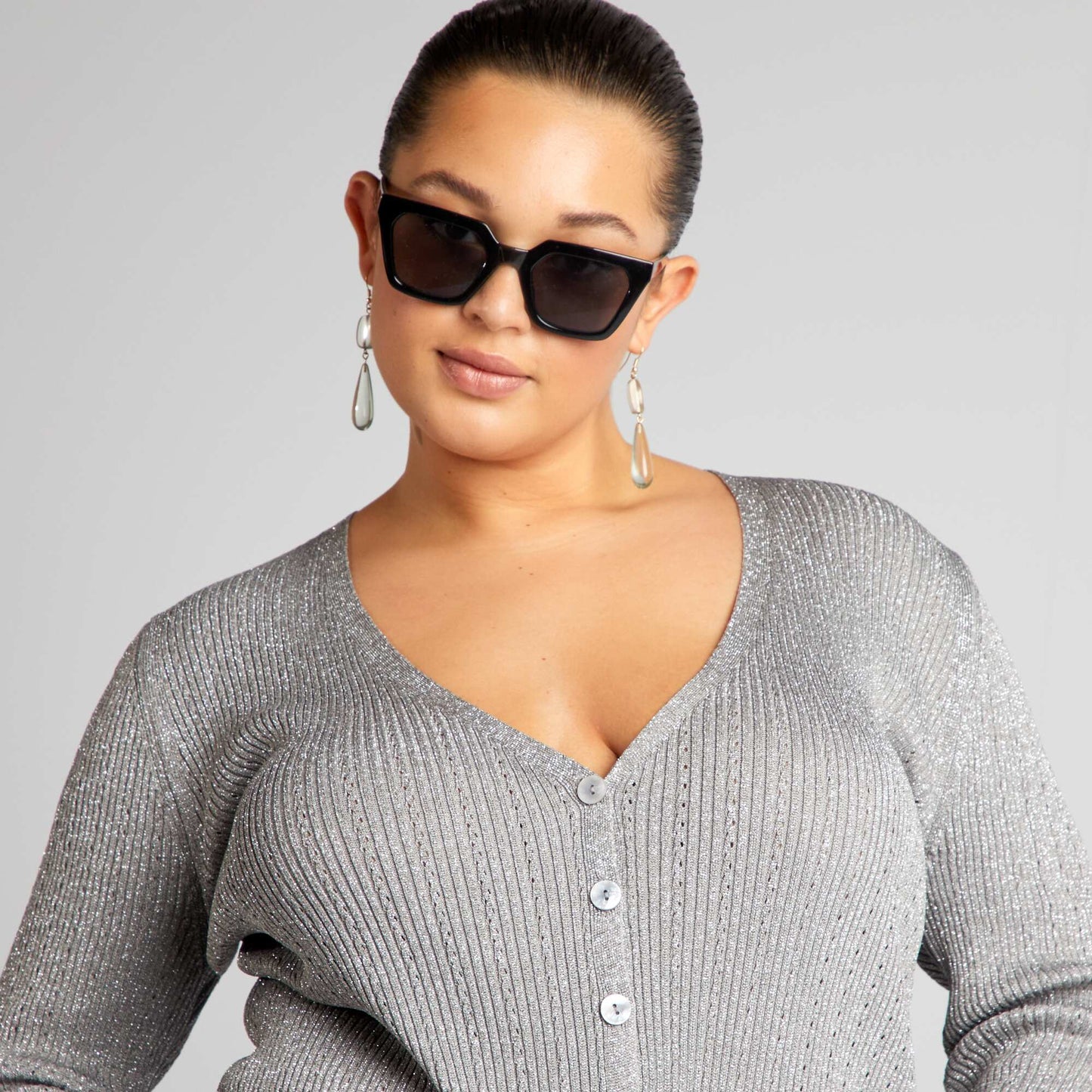 Fine shiny knit cardigan GREY