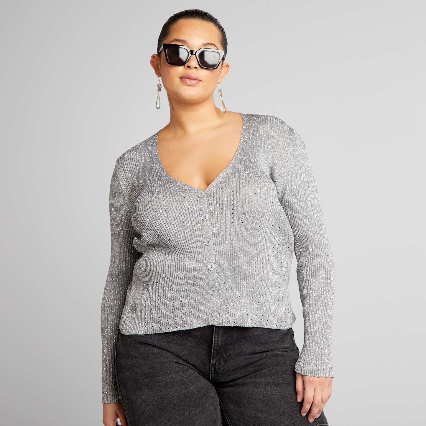 Fine shiny knit cardigan GREY