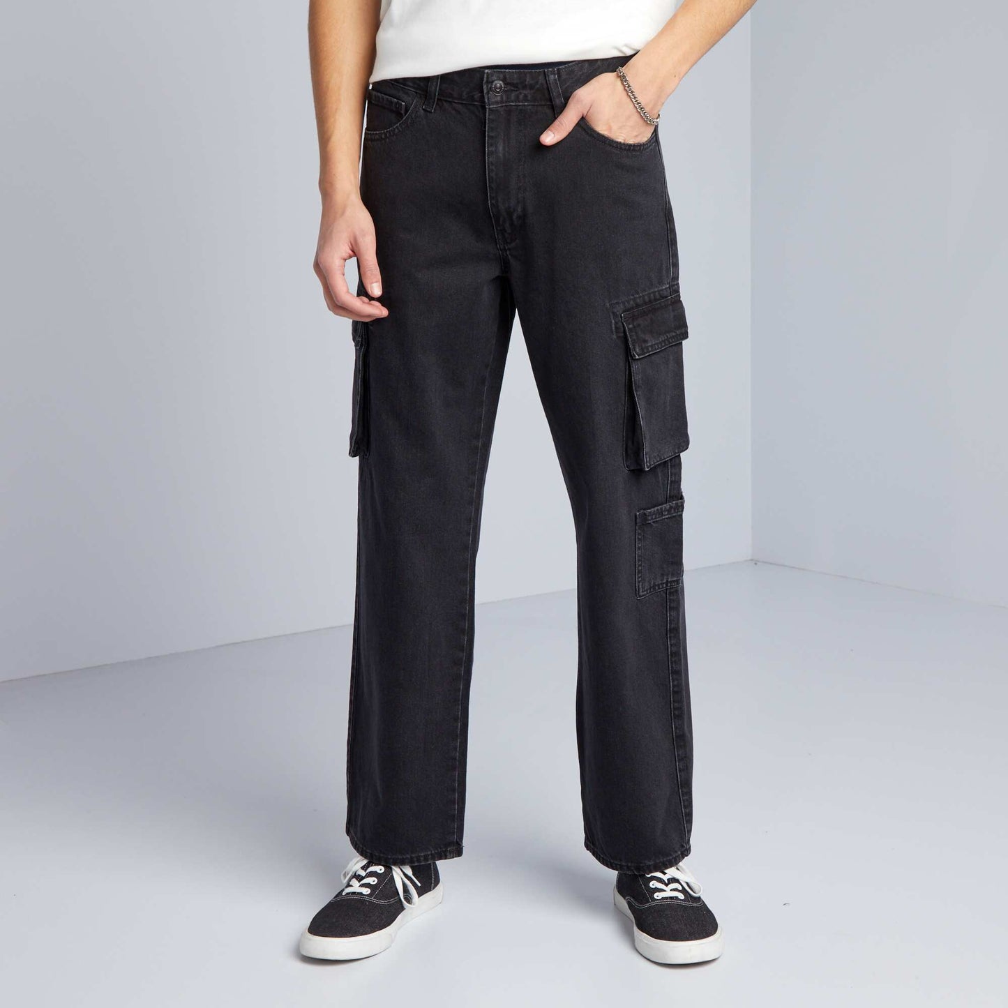 Wide-leg denim trousers with pockets GREY