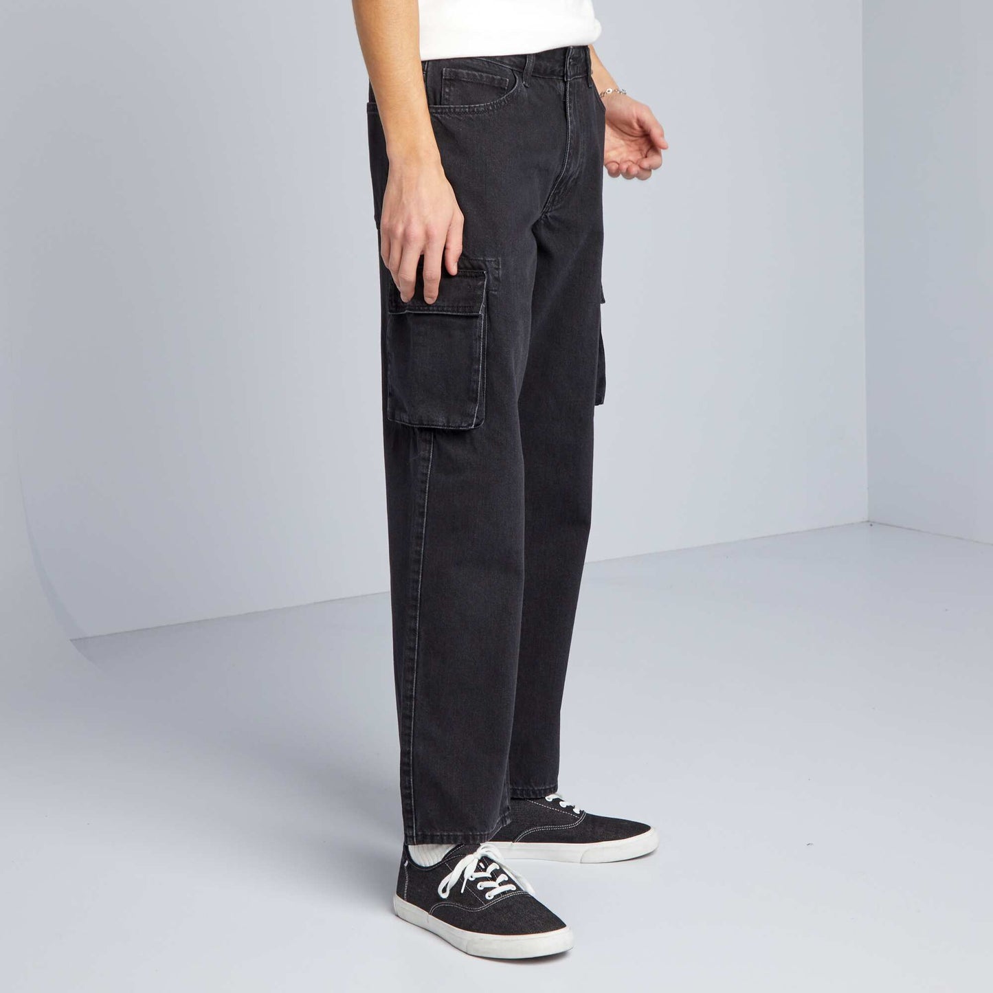 Wide-leg denim trousers with pockets GREY