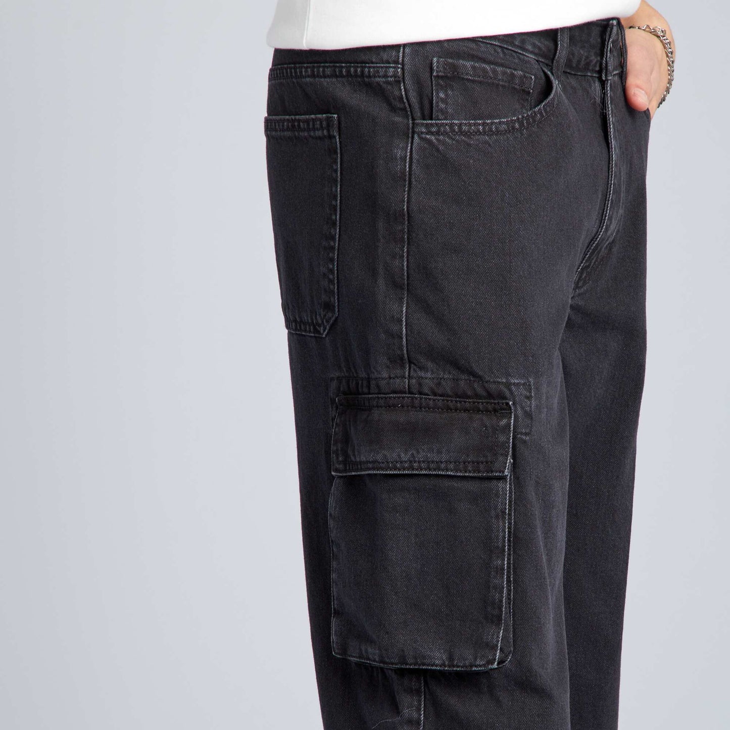 Wide-leg denim trousers with pockets GREY